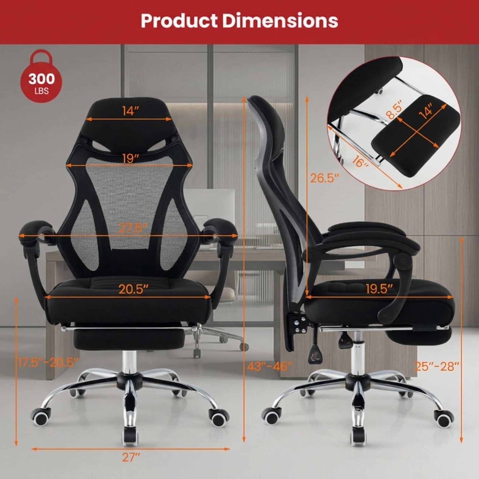 Furnibear Ergonomic Mesh Office Chair High Back Breathable Computer Chair with Retractable Footrest Tilting Backrest and Headrest, Black