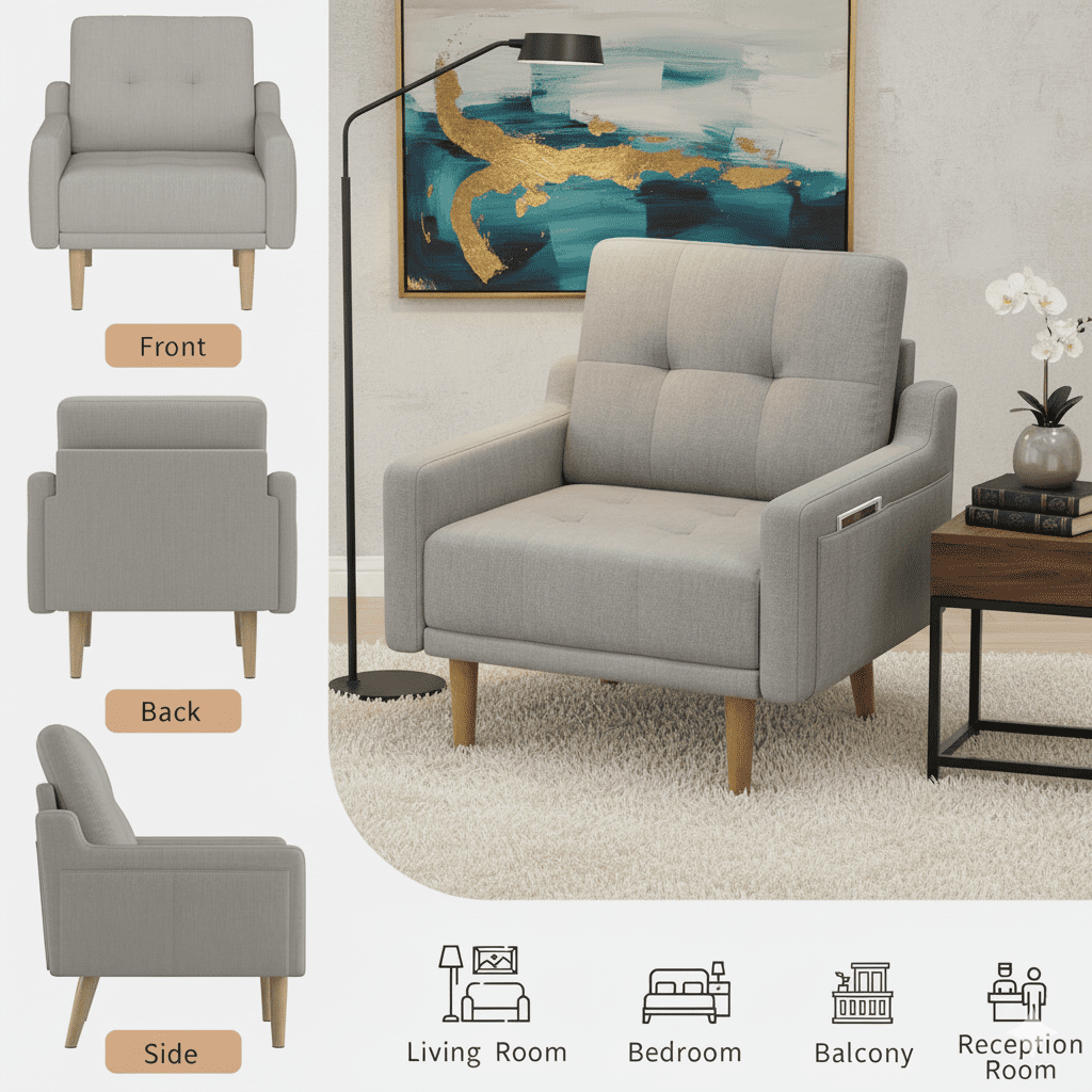 Mid Century Modern Accent Chair Reading Chair with Wood Legs, Upholstered Armchair Fabric Single Sofa Chair for Living Room & Bedroom (Light Gray)