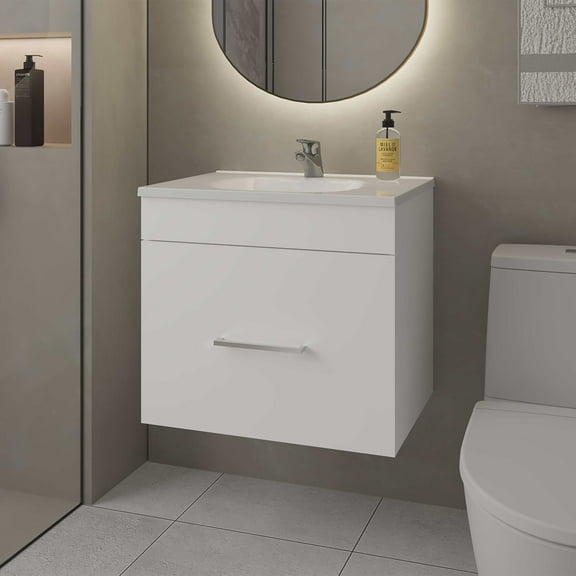Modern Bathroom Vanity White 1-Drawer Floating Bathroom Vanity Set with Sink,Wooden Bathroom Vanity