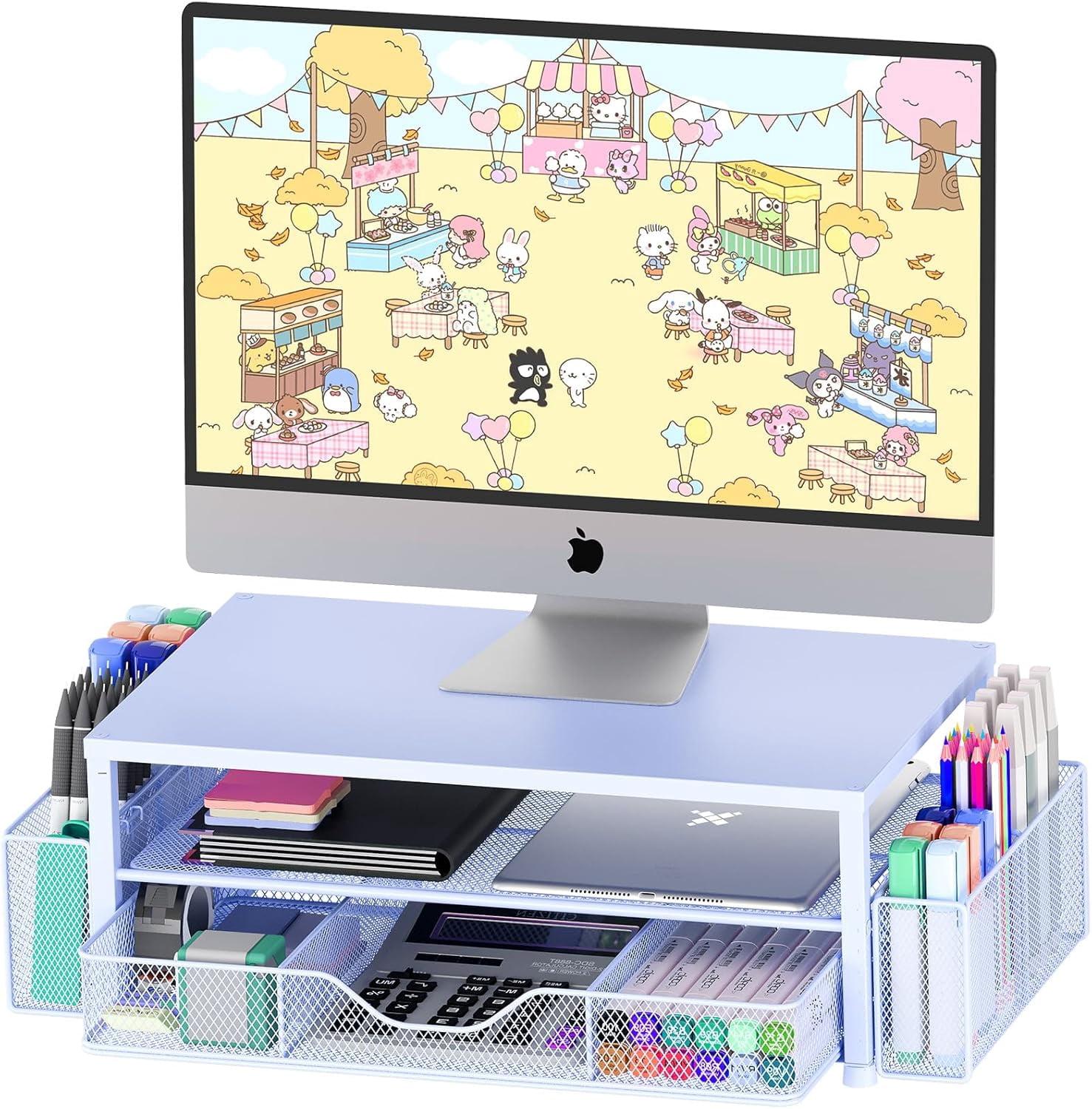 Ahot Desk Organizers and Accessories, 2-Tier Computer Monitor Stand Riser with Drawer and 2 Pen Holders, Laptop Stand, Office Desk Accessories for Office Supplies, Blue