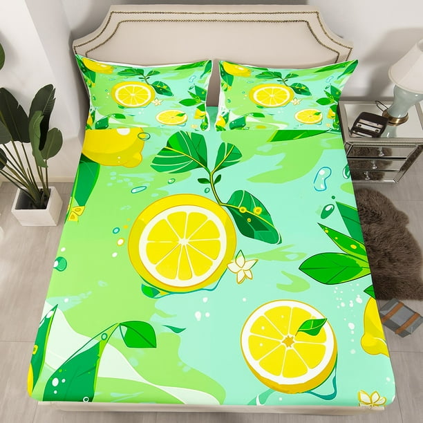 YST Yellow Lemon Fitted Sheet Queen Size Tropical Fruit Bed Sheets