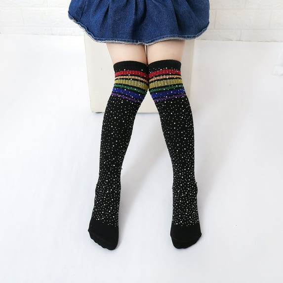 AURIGATE Clearance! Baby Non Slip Socks Hot Drilling Children's Socks Cotton Colorful Stripes Student Rainbow Over The Knee High Socks Fashion All-match