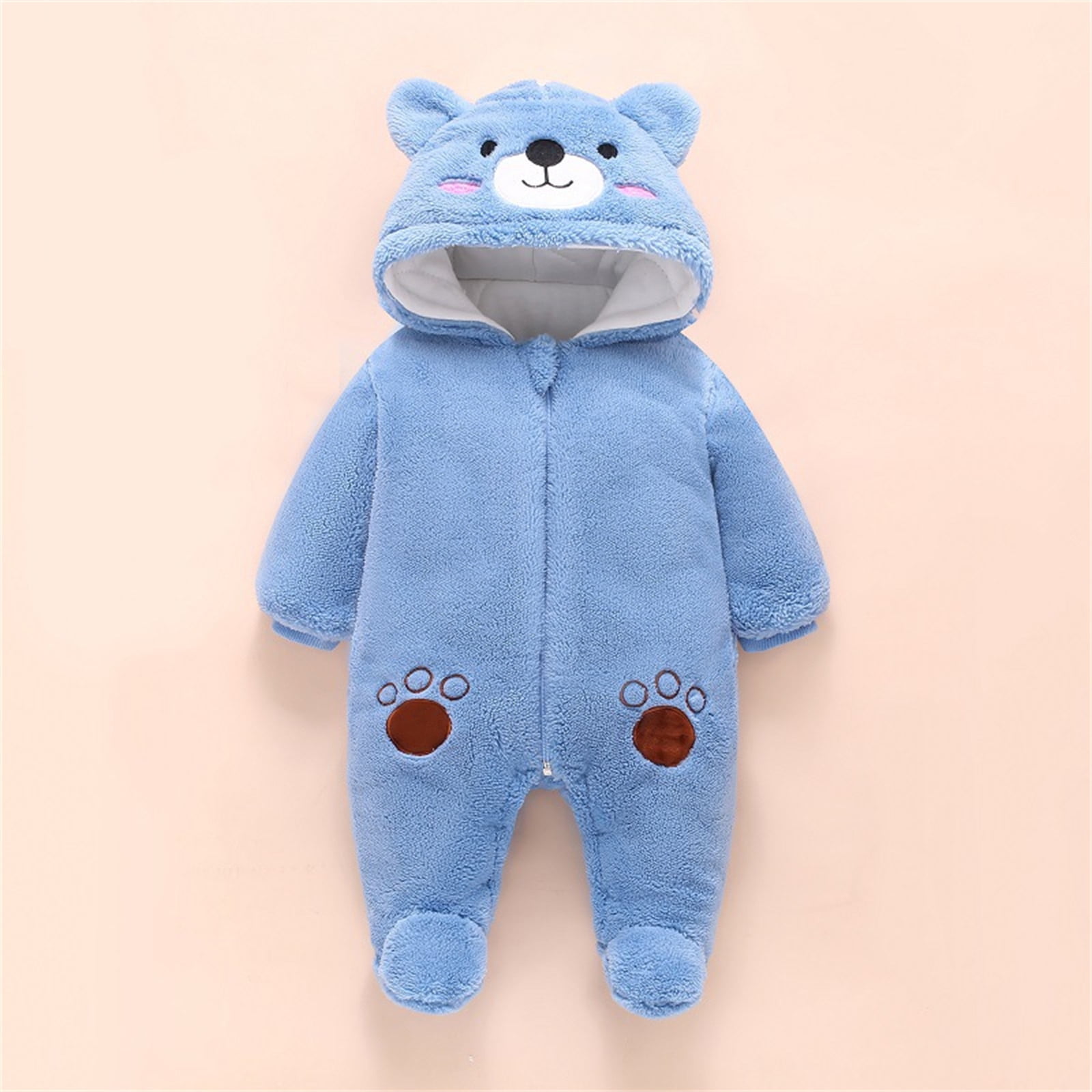 Jinhomg Cute Bear Onesie for Baby Soft Cozy Fleece Footie Hooded Romper Fall Winter Thermal Long Sleeve Full Zip Jumpsuit Trendy Bodysuit Blue 12 Months