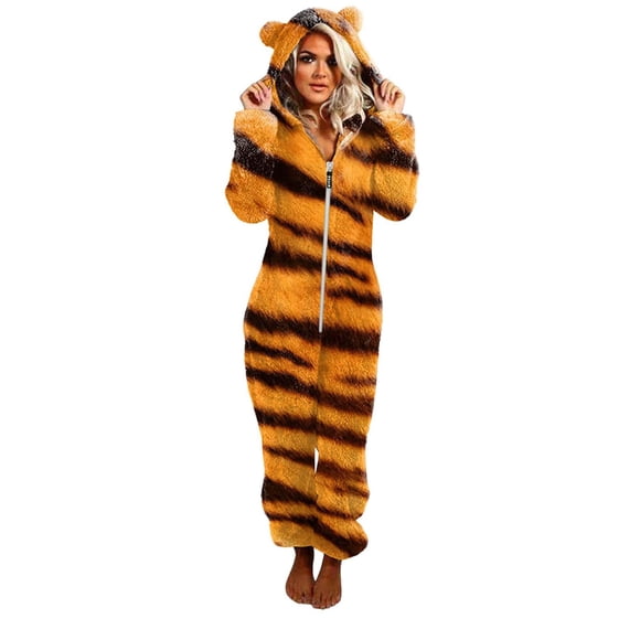Adult Onesie Pajamas for Women Unisex Adult Leopard Onesie Hoody Pajamas Zipper Up Long Sleeve Plush Jumpsuit