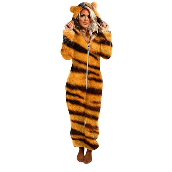 Women Plush Warm One Piece Pajamas Character Animal Hooded Zip-Up Cozy Creative Pajamas