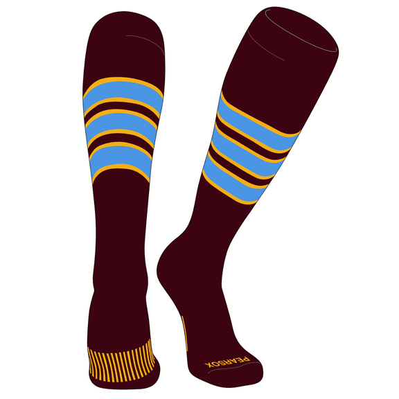 PEAR SOX Striped OTC Baseball, Softball, Football Socks (C) Maroon, Gold, Sky Blue (XS)