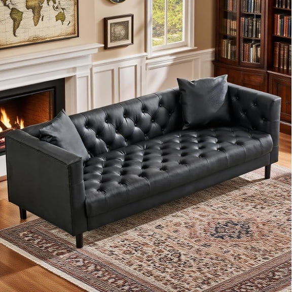 81" Chesterfield Leather Sofa for Living Room, Modern PU Leather 3-Seat Couch with Deep Seat & Button Tufted Design, Sturdy Wooden Frame, Charcoal Black