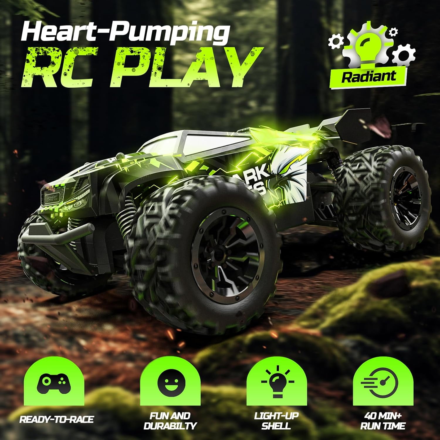DEERC Remote Control Car, 2.4Ghz Glowing RC Cars W/ 2 Rechargeable Batteries for 40 Min Play, All Terrain Off-Road Monster Truck Toys for Boys Kids Age 4-7 8-12 Birthday Xmas Gift