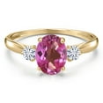 thumbnail image 3 of Gem Stone King 10K Yellow Gold Pink Mystic Topaz and White Moissanite 3-Stone Ring for Women | 1.50 Cttw | Oval 8X6MM | Gemstone November Birthstone | Size 8, 3 of 6