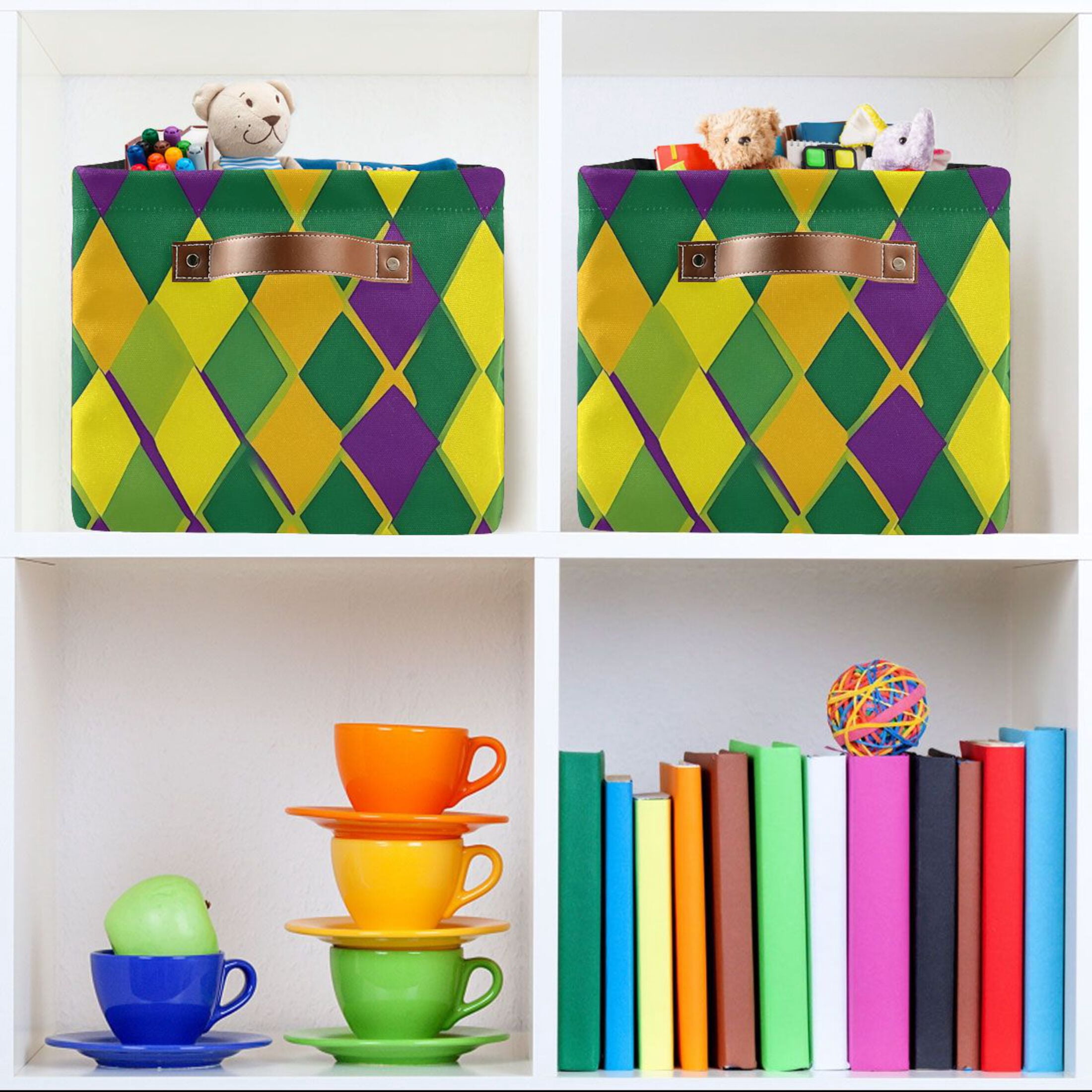 Ryvnso Mardi Gras Checkered Storage Basket Large Bin Foldable Boxes Toys Organizer 14.2x10.2x8.3in 2 PCs