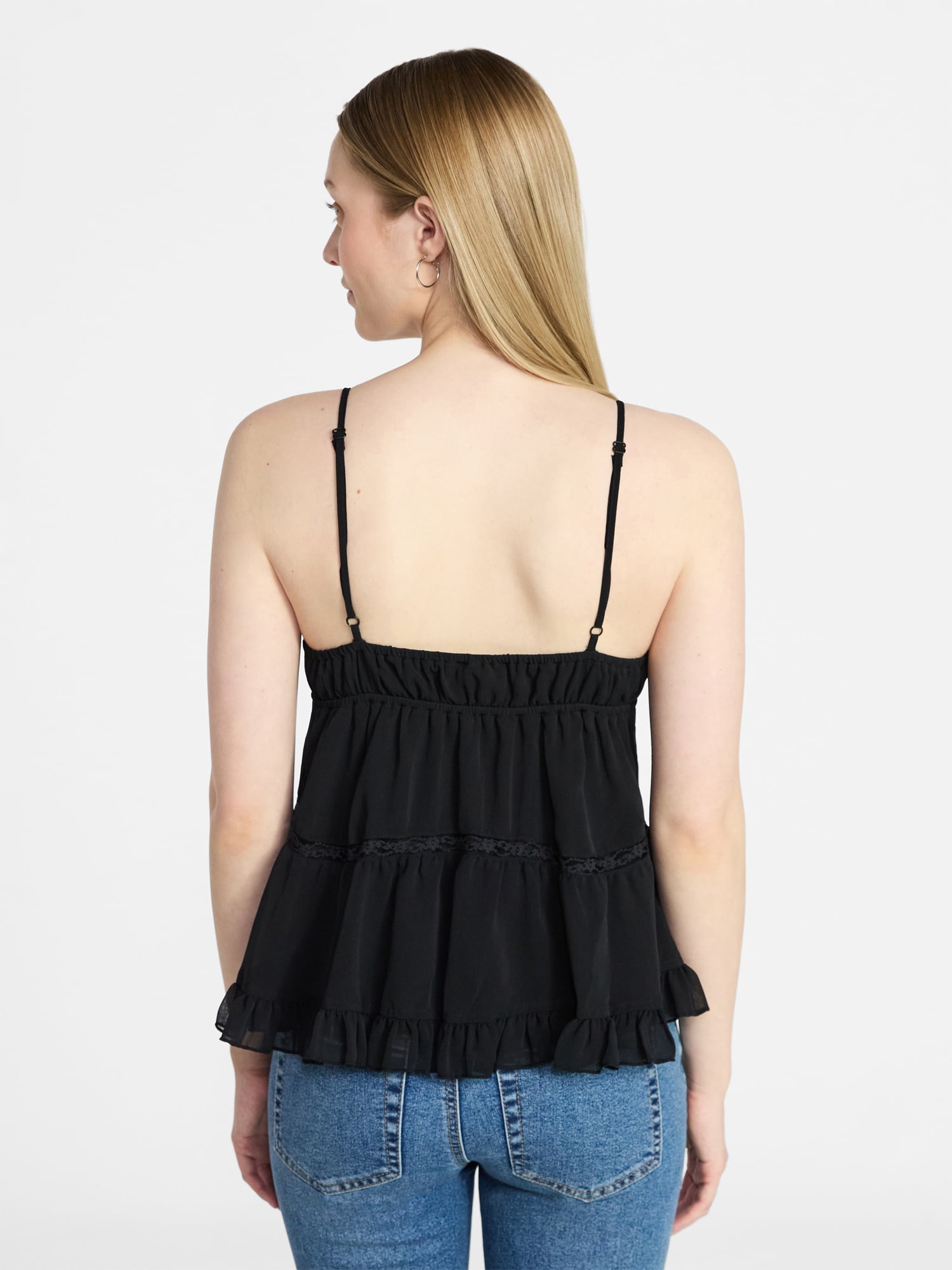 No Boundaries Button Front Ruffle Lace Trim Cami Top, Women's XXS-XXL