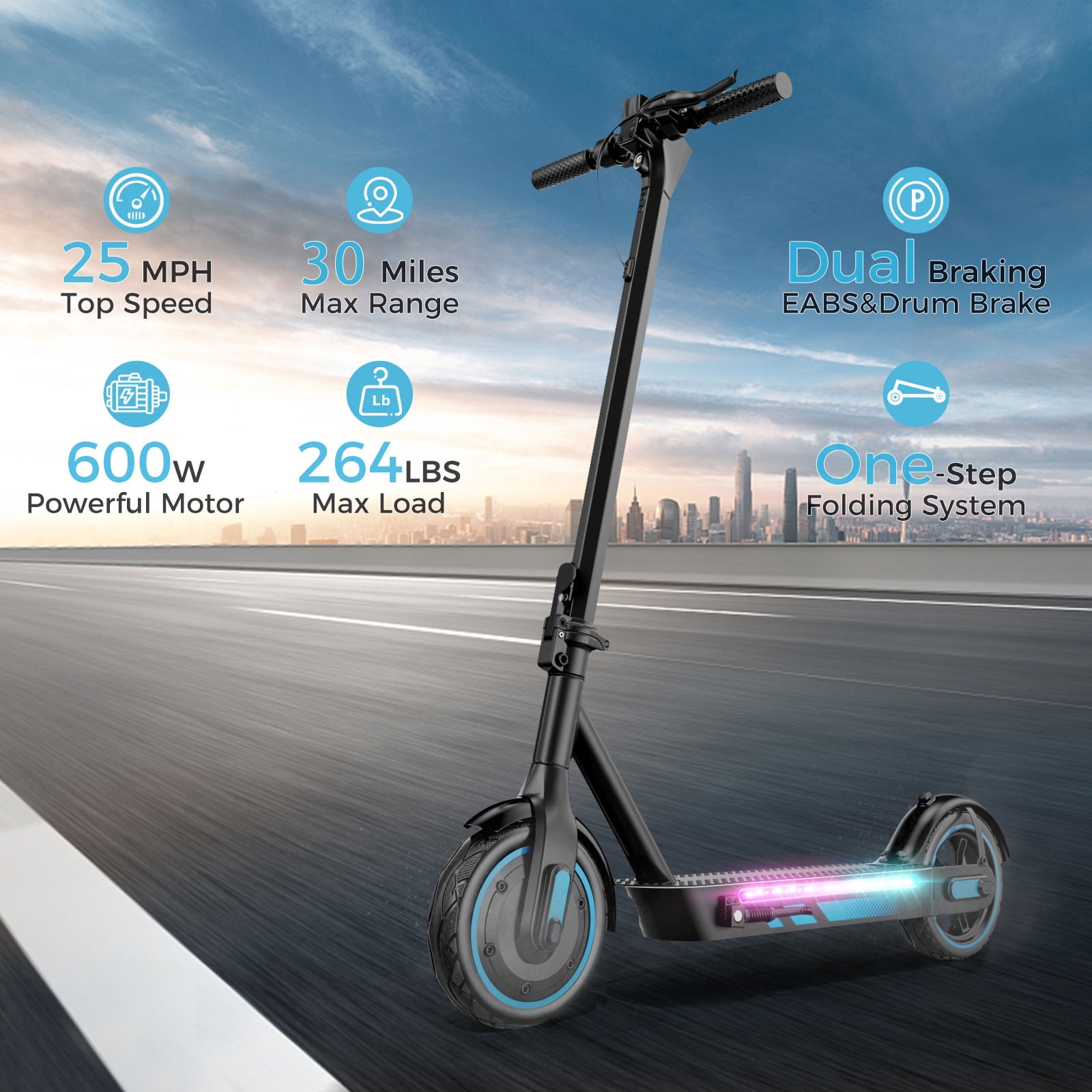 Electric Motorized Scooter for Adults Foldable,Fast Speed 25mph and Long Range 30miles 10" Solid Tires Teens E-Scooter for Commuter,600W Motor