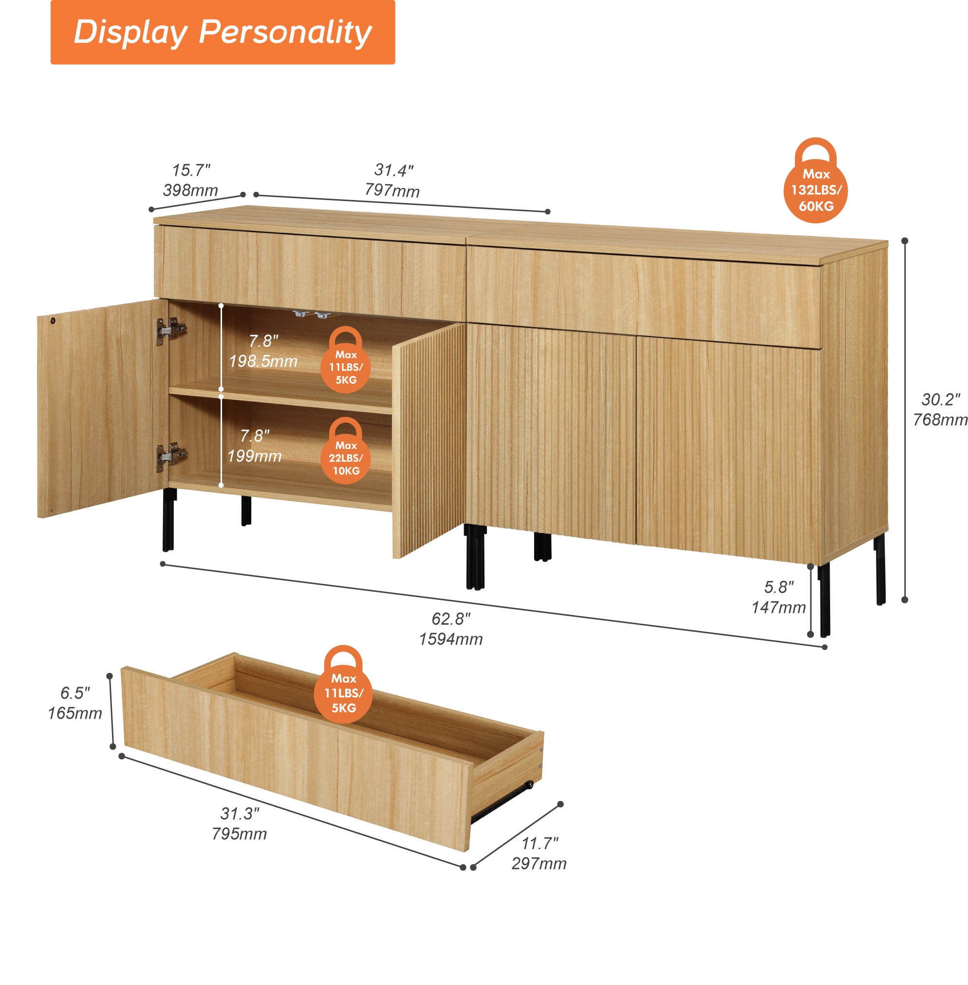 63" Reeded Accent Cabinet Set with 4 Doors and Drawers, Modern Credenza Storage Cabinet with Metal Legs for Living Room, Kitchen, Dining Room, Hallway