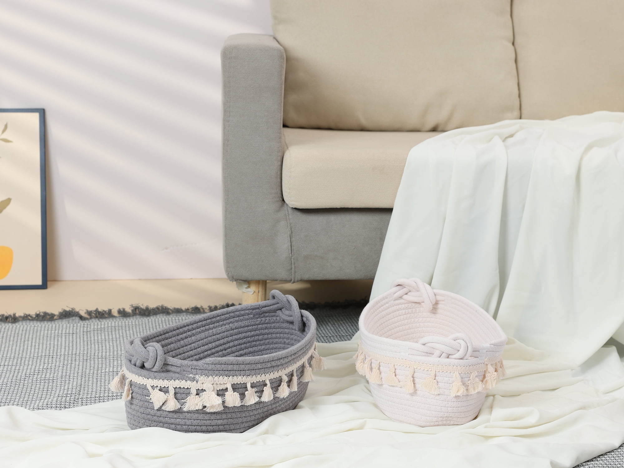 Unique Bargains Storage Basket Shelf Bin with Tassels Light Gray 13.4*6.3*4.7in
