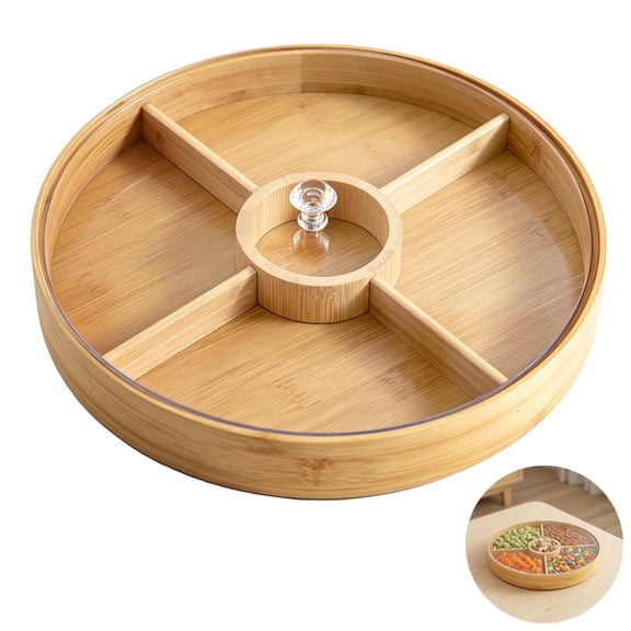 Wood Serving Traies, 12 in Round Nut Platter Tray with 5 Compartments and Clear Acrylic Lid, Snack Serving Tray for Dried Fruit Candy, Appetizer Platter for Party Family Gathering Holiday Home Decor