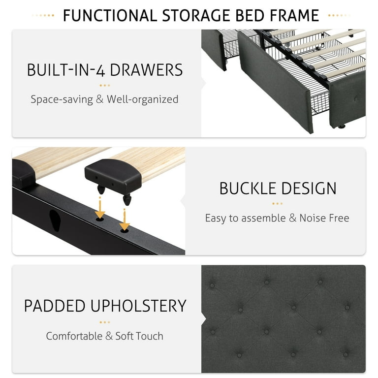 Sha Cerlin Dark Grey Queen Fabric Platform Bed Frame with 4