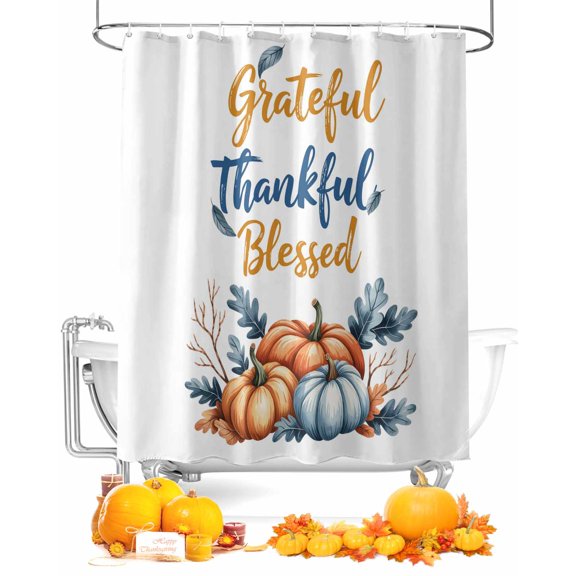 Fall Shower Curtain Pumpkin Leaves Bathroom Curtains with Hooks, Waterproof Fabric Grateful Thankful Blessed Thanksgiving Bath Shower Curtains Set for Bathroom Bathtubs Decor 72x72 Inch