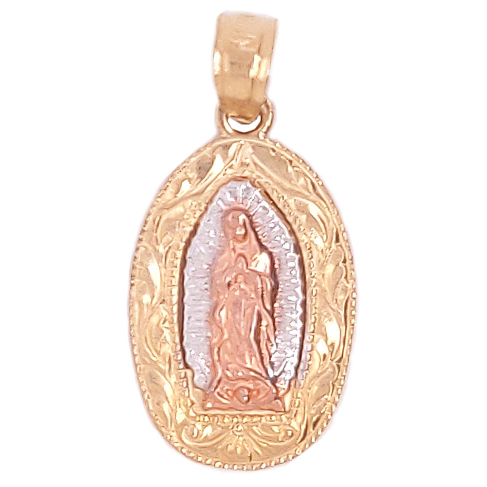 Ice on Fire Jewelry 14k Tricolor Gold Round Shape Diamond Cut Finish Our Virgen de Guadalupe Religious Medal Necklace