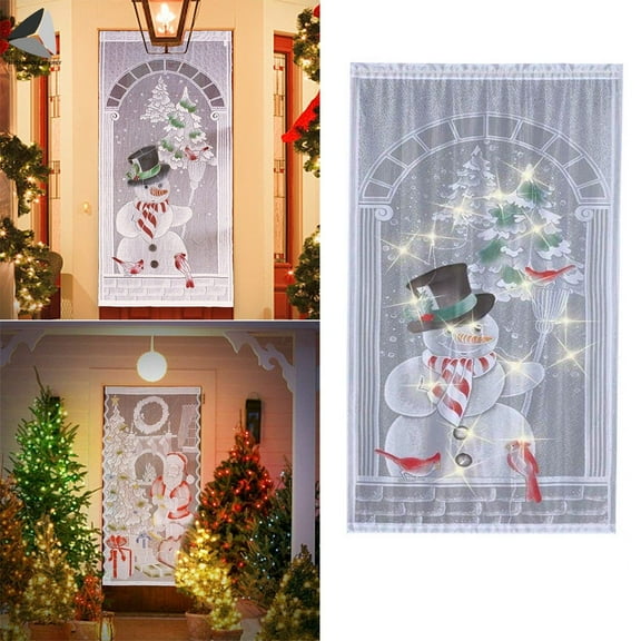 PULLIMORE Christmas Window Curtain with LED Lights White Lace Snowman Santa Door Panel Curtain for Xmas Party Decor (40"x 84")