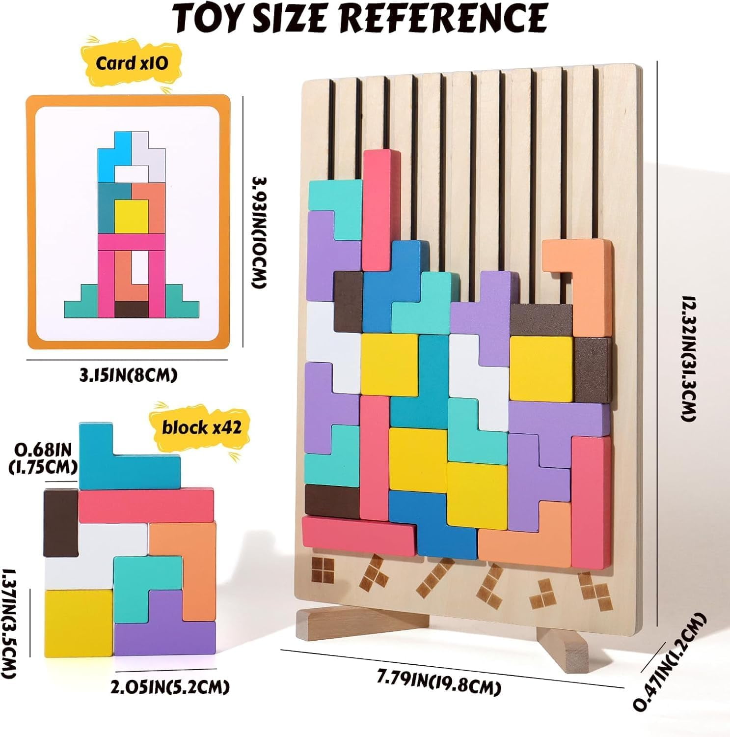 Wooden Colored 3D Russian Block PuzzleToys,  Jigsaw Stacking Montessori Toys Educational Gift, Board Game 10-Card and 42-Piece Puzzle Toys Brain Blocks Teasers for 3-6 Years
