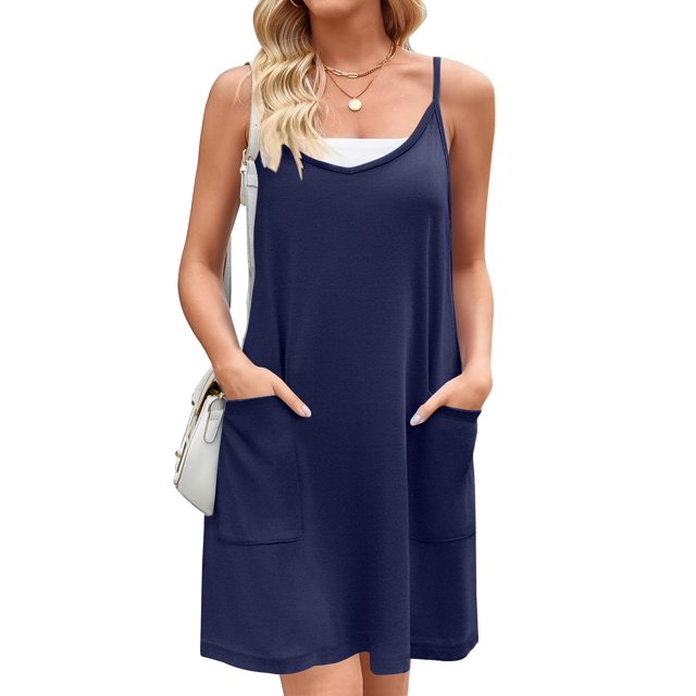 Vestido de verano Zeagoo Boho para mujer con bolsillos, sin mangas, azul marino, talla M