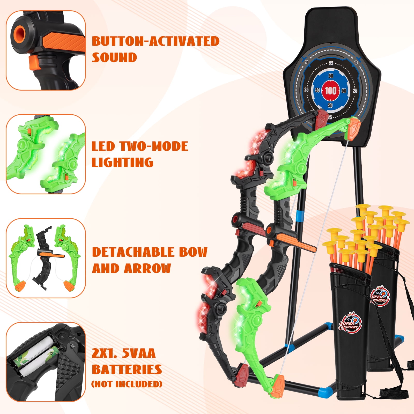 2 Pack Bow and Arrow Set for Kids, LED Light Up Archery Set with Sound Effects, 20 Suction Cup Arrows,1 Standing Target & 2 Quiver, Indoor and Outdoor Toy for Boys Girls Age 4-8 8-12 (Green&Red)