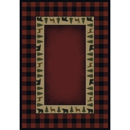 Palm Tree Border Rug - United Weavers Genesis Area Rugs - 130-47636 Southwestern Lodge Red Plaid Trees Wildlife Border Rug