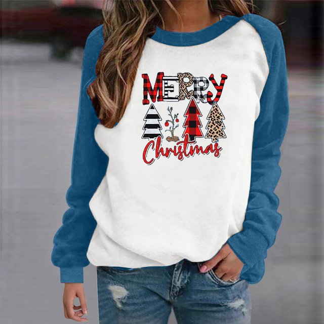 Meichang Sweatshirts Joyeux Noël pour Femmes, Sweatshirts Graphiques à Carreaux Léopard, Manches Longues Raglan, Col Rond, Pull Tendance Patchwork