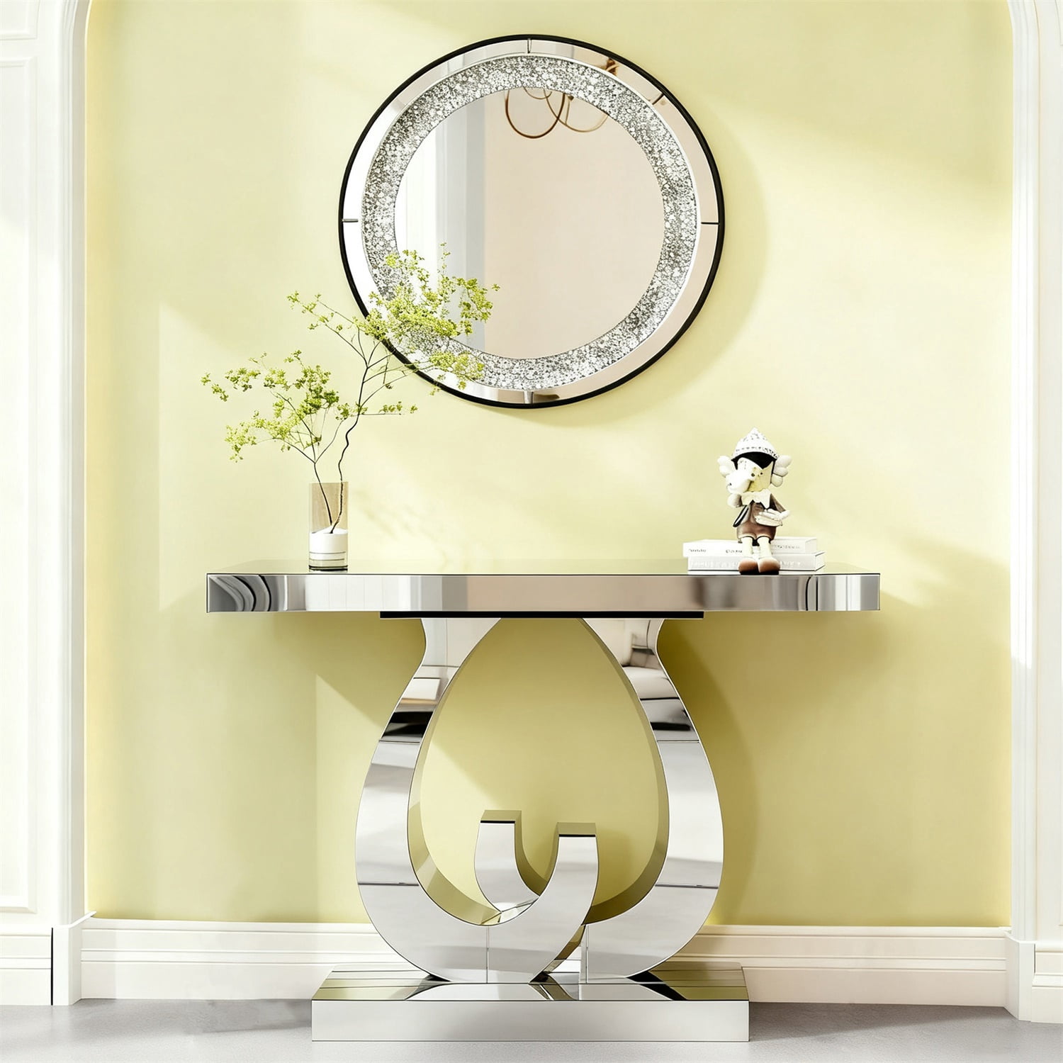Hommoo Modern Mirror Side Table Glass Sofa Table with Mirror Effect and Double C-Shaped Base, Entrance Table Rectangular Decoration Hall Table for Living Room, Hallway, Silver