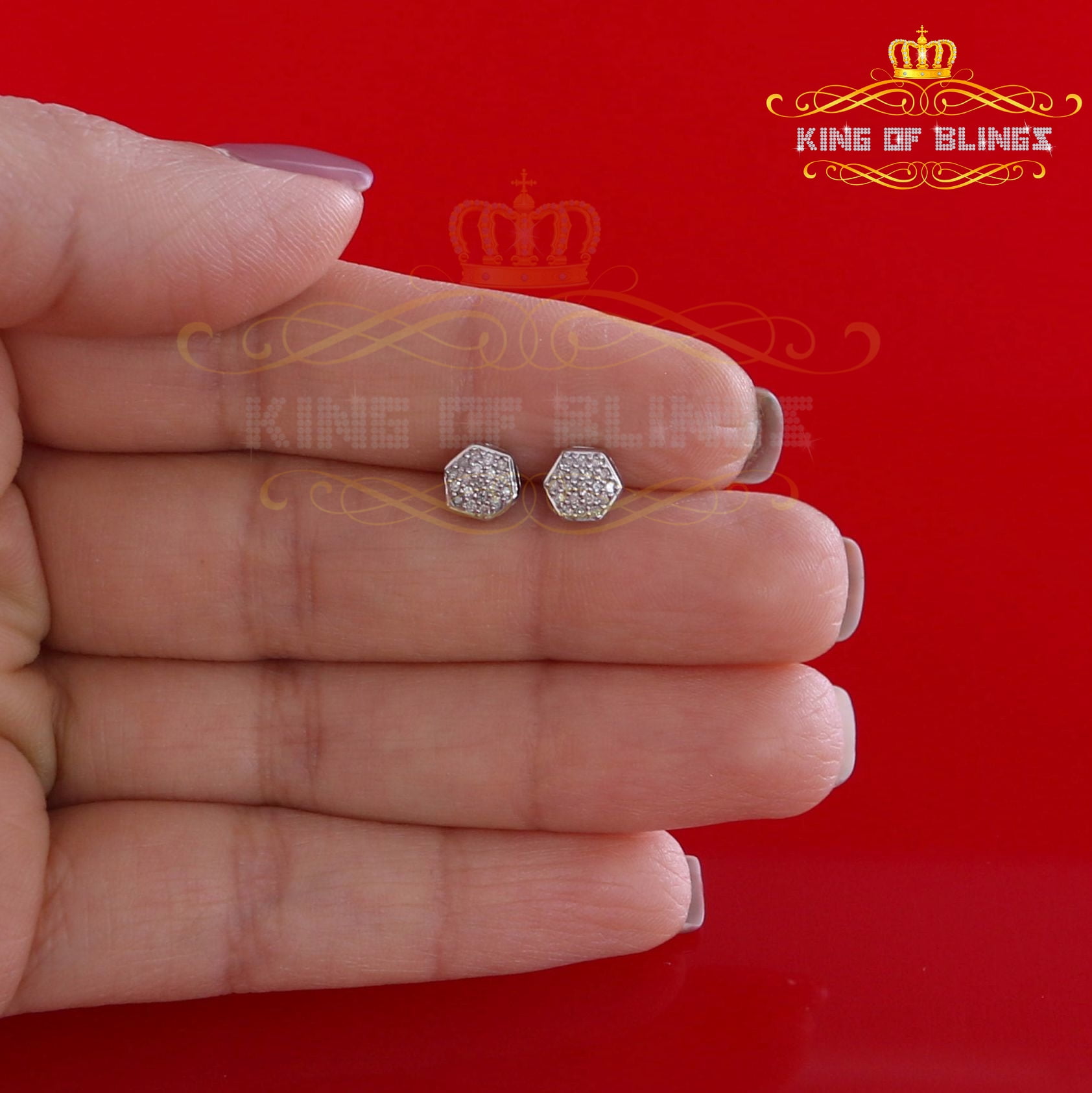 King of Bling's 0.15ct Diamond Stud Hexagon Earrings White 925 Sterling Silver For Men/ Women