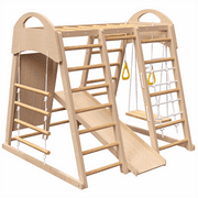 7-in-1 Indoor Wooden Jungle Gym Playset for Kids Ages 2–6 – Montessori Climbing Set with Slide, Monkey Bars, Rope Wall, Swing, Climbing Wall & Ladder – Indoor Playground for Toddlers