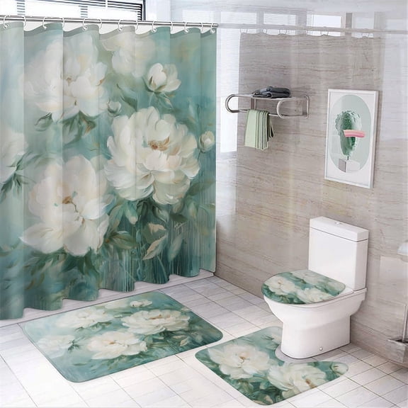 White And Indigo Blue Floral 4 Piece Bathroom Rug Set with Shower Curtain with Non-Slip Rugs Toilet Lid Cover And Bath Mat Romantic Floral Waterproof Personality Pattern Bath Curtain