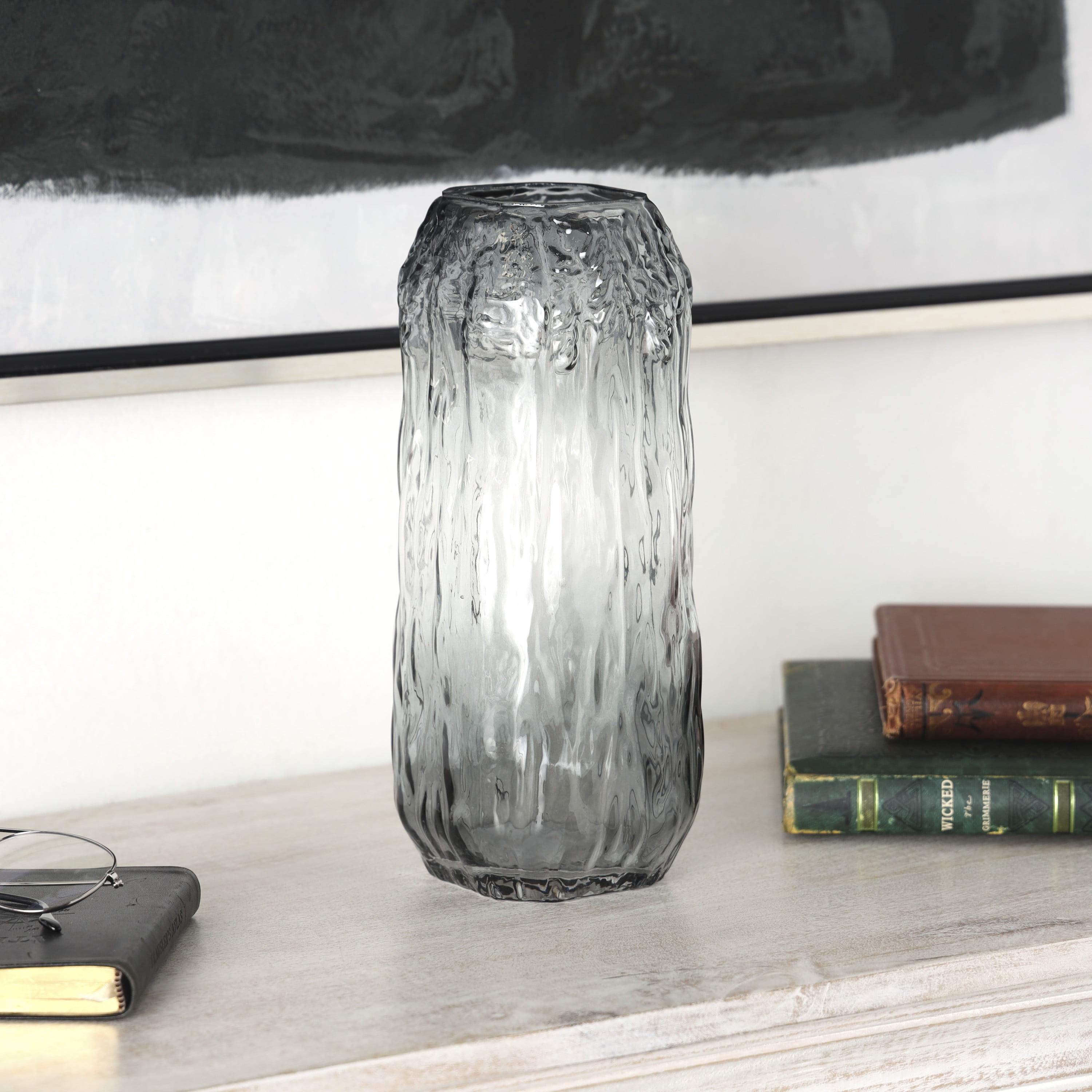 DecMode 11" Handmade Abstract Textured Rectangular Ombre Gray Glass Vase