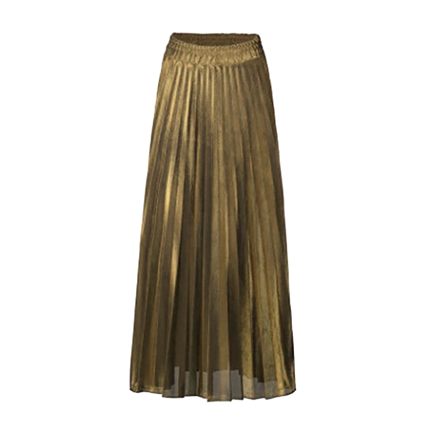 Cavosen Long Skirts for Women Trendy Maxi Ankle Length A-Line Skirts Pleated Swing Skirts High Waist Plain Pencil Skirts Flowy Swing Dress Athletic Beachwear Resortwear Gold L