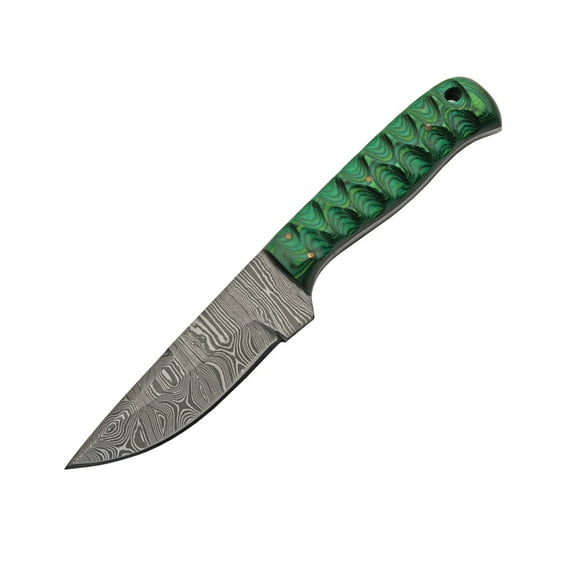 SANZ 8" Emerald Skinning Knife With Grooved Wood Handle, Damascus Blade With Leather Sheath