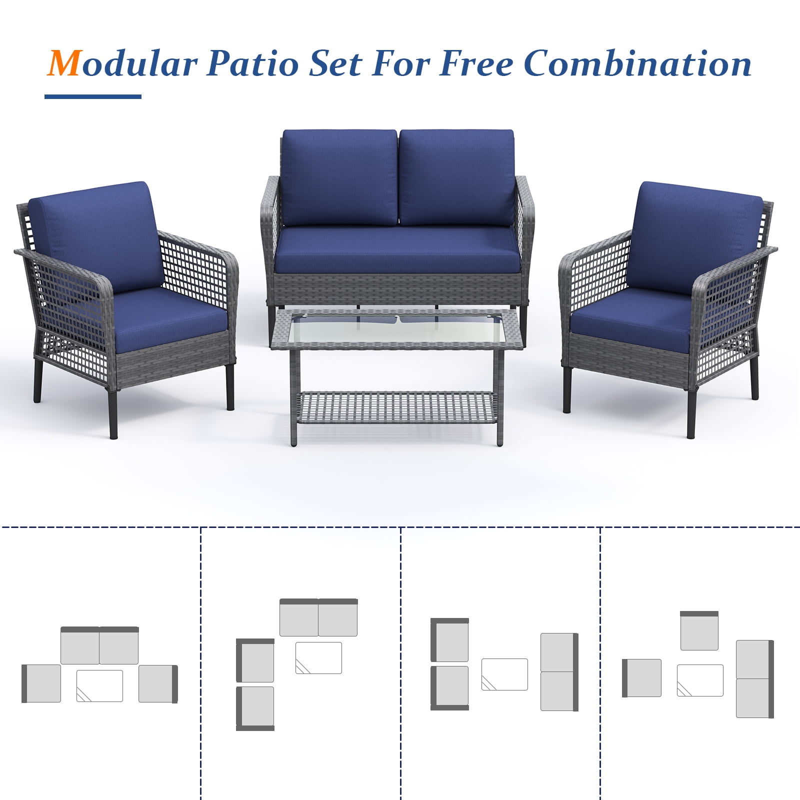 ELPOSUN 4 Pieces Patio Furniture Set, All-Weather Wicker Outdoor Furniture Set for Porch, Patio Conversation Set for Backyard, Balcony, Gray/Blue