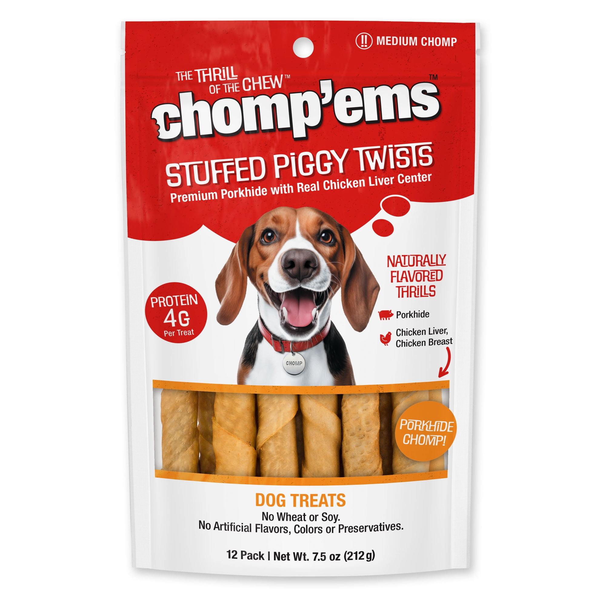 Chomp 'ems Stuffed Piggy Twists, Porkhide with Real Chicken Liver Center, Pack of 12