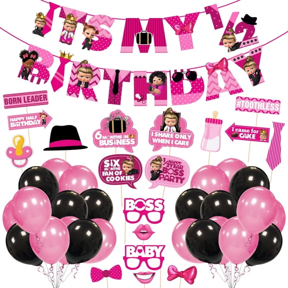 Baby Girl's Boss Half Birthday Theme Party Supplies for Girls Baby Half Birthday Decorations Favors With Paper Banner,Photo Booth and Balloons( pack of 44)