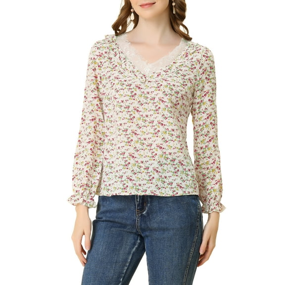 Allegra K Women's Casual Ruffled Long Sleeve Elegant Lace V Neck Floral Tops
