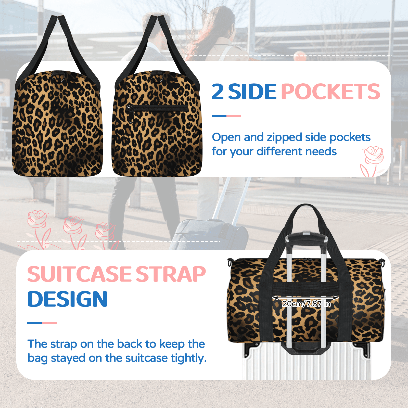 Herdesigns Leopard Cheetah Print Gym Bag for Women, Duffle Bag for Travel Sport, Lightweight Waterproof Carry on Weekender Overnight Dance Yoga Workout Bags