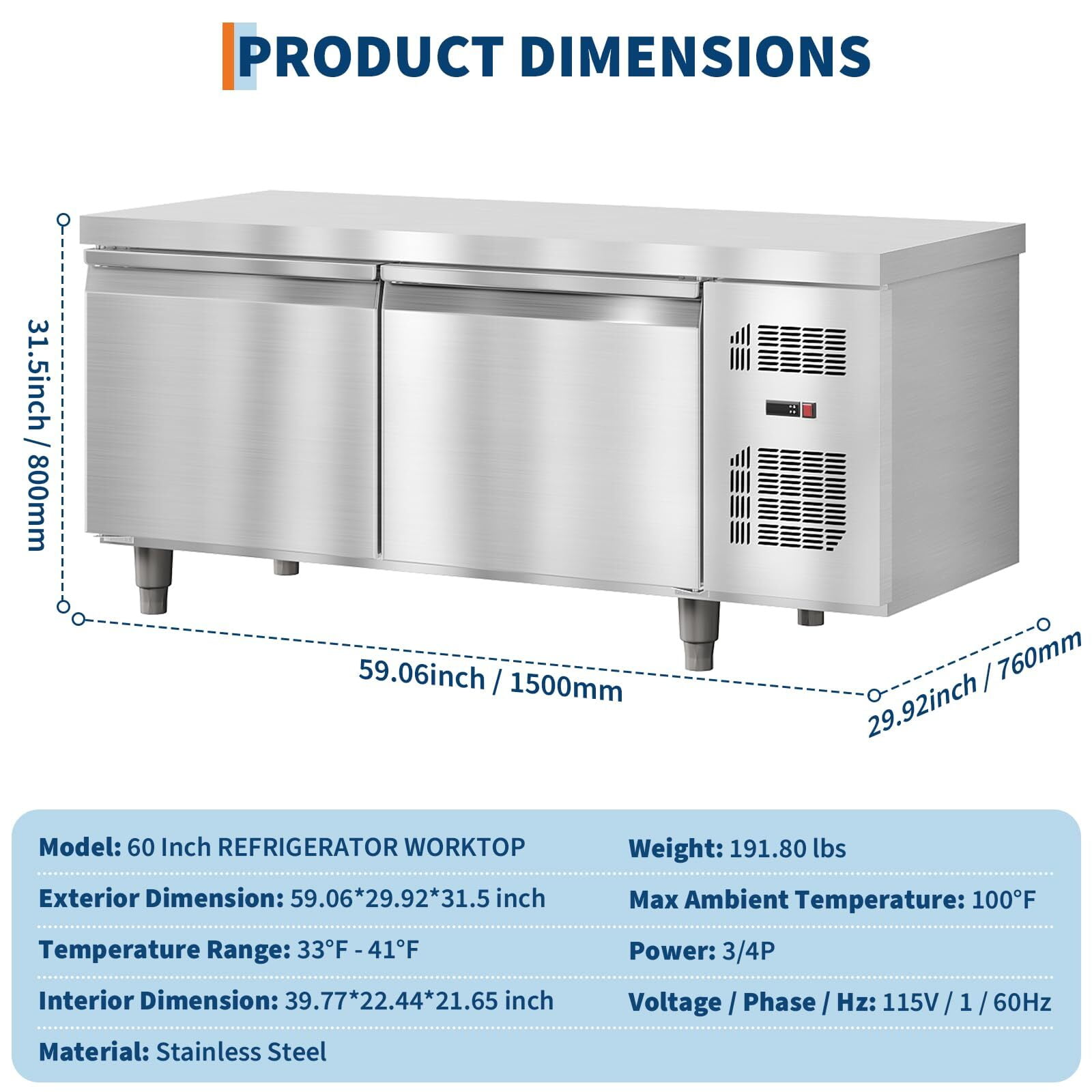 Garvee 60" Commercial Fridge, 15 Cu.ft Stainless Steel Undercounter Refrigerators with 2 Door and LED Display for Restaurant, Kitchen