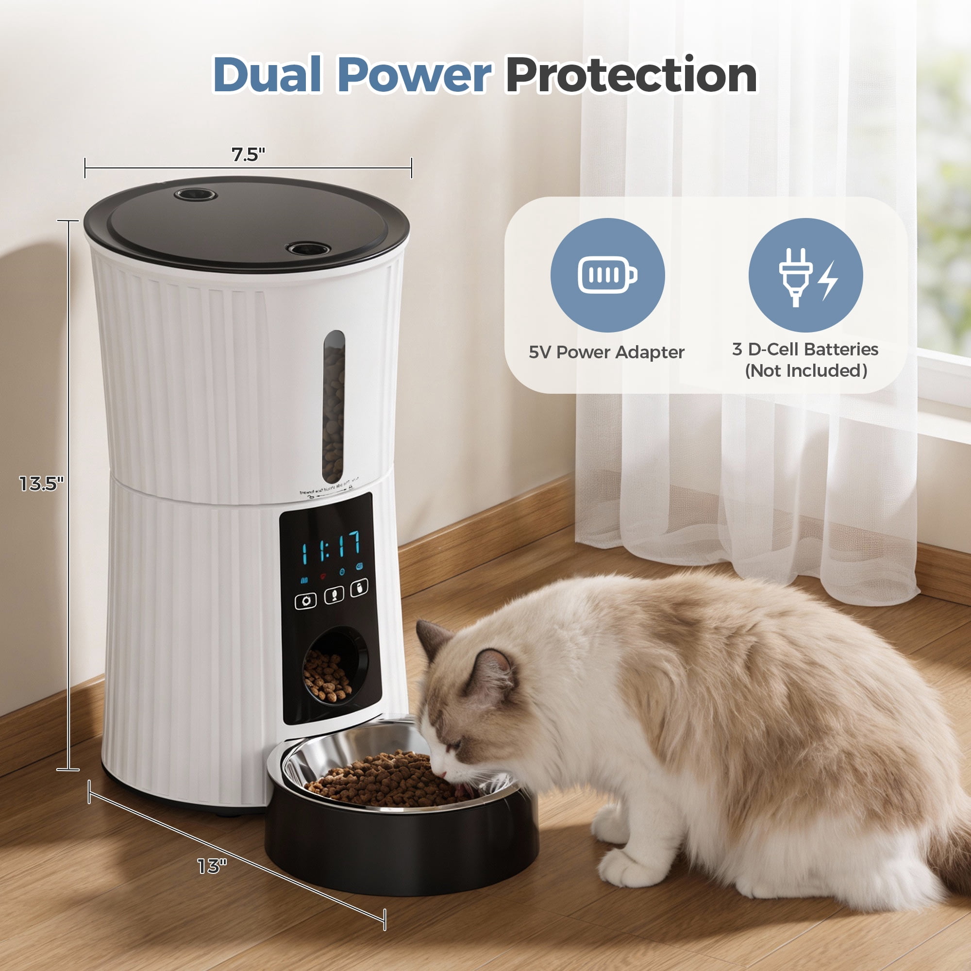 SHOUFTW 4L Automatic Pet Feeder for Cats & Dogs, Timed Dry Food Dispenser with Portion Control, Voice Recorder, Dual Power,White