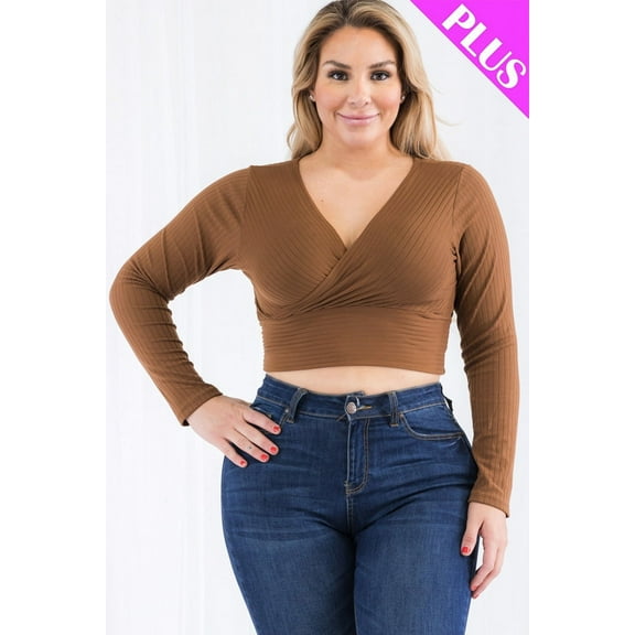 Plus Size Ribbed Long Sleeve Top with Wrap Front Design
