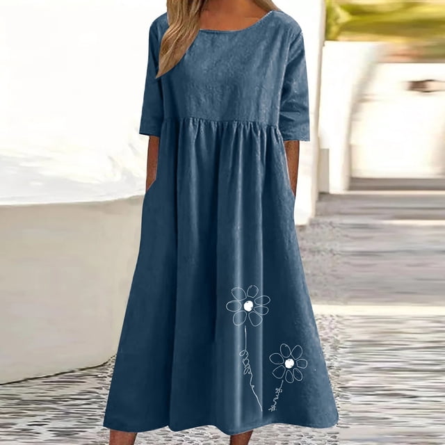 Fankiway Robe Décontractée à Manches Courtes en Coton et Lin Imprimé Col Rond Printemps et Été pour Femmes Courbes Robes Printemps pour Femmes 8357