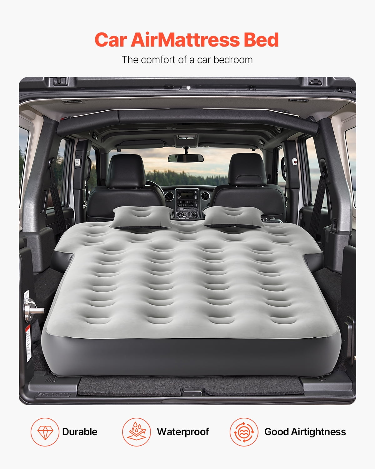 VEVOR Car Air Mattress, Fits Toyota 4runner, Jeep Wrangler, Inflatable Car Camping Mattress, Flocking Thickened Blow Up Travel Beds, Durable Portable Sleeping Pad with Built in Pump, 2 Pillows, Gray