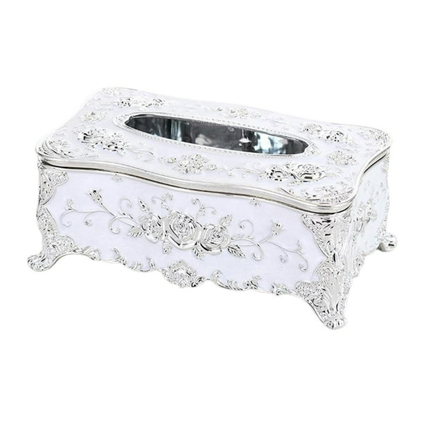 Caja de pañuelos con diseño de flores, organizador de pañuelos faciales, decoración Plata blanca