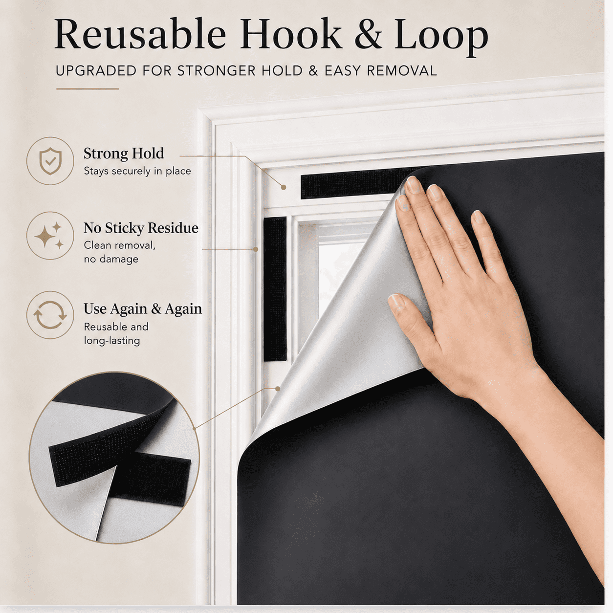 DONGPAI Blackout Curtains Portable No Drill Window Blinds, 100% Light Blocking Temporary Window Cover for Travel, Baby Nursery, Bedroom and RV Skylight, DIY Cut to Size, Reusable Hook and Loop, Black