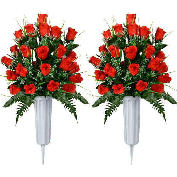 Artificial Cemetery Flowers, Grave Decorations Roses, Memorial Flowers Bouquet with Cemetery Vase, (Red)