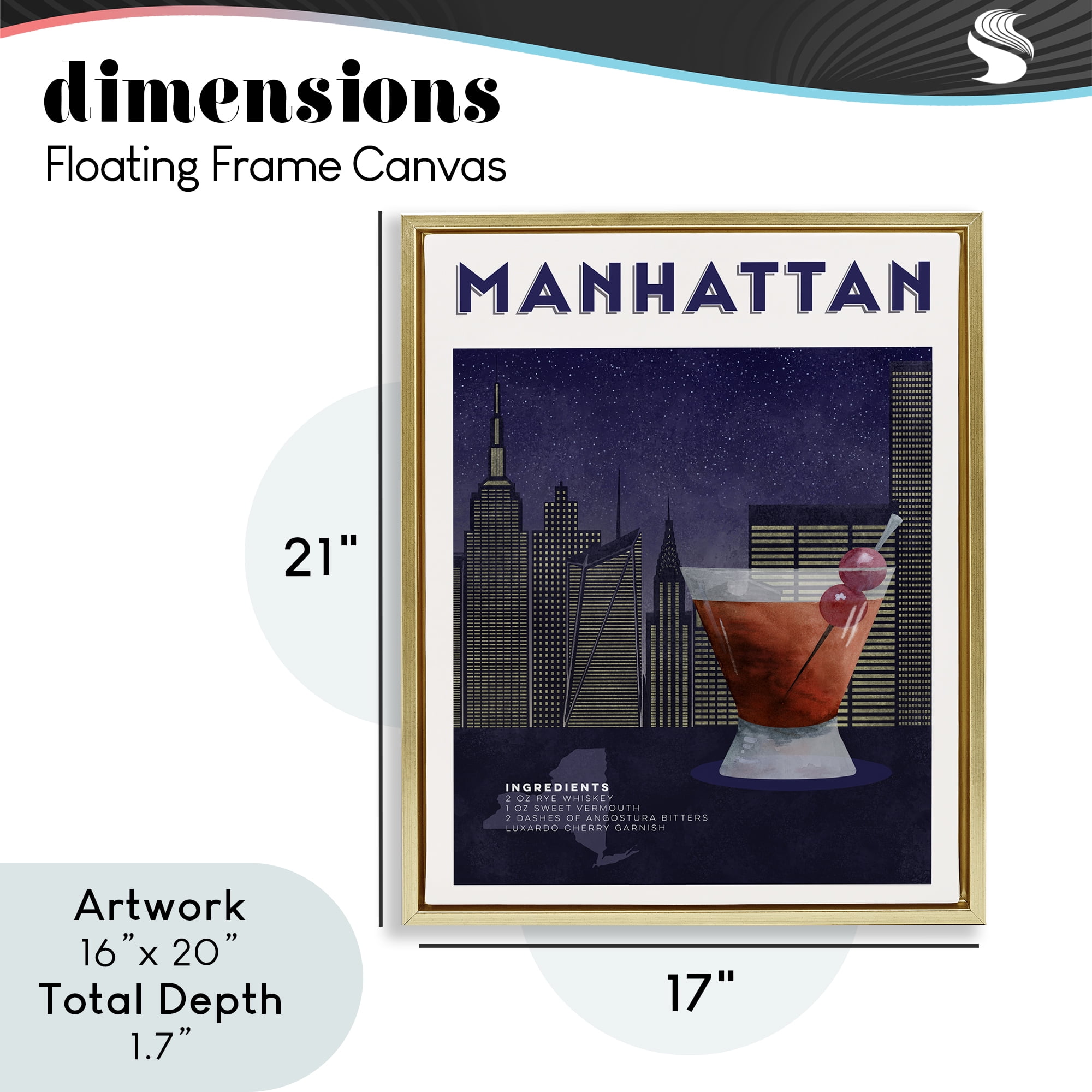 Retro Manhattan Cocktail Cityscape Gold Framed Floater Canvas Wall Art, design by Brett Blumenthal