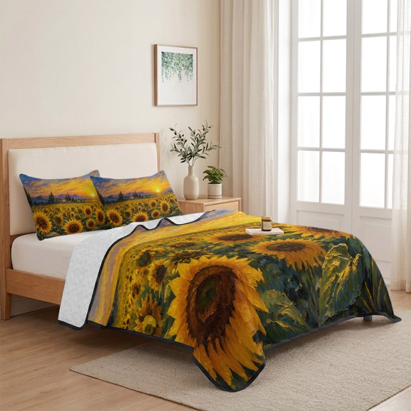 Watercolor Farm Sunflowers 3 Pieces Quilt Set,1 Quilt with 2 Shams,Country Sunset Bedspread Soft Lightweight Bedding Coverlet Comforter Set for All Season 68"x98"